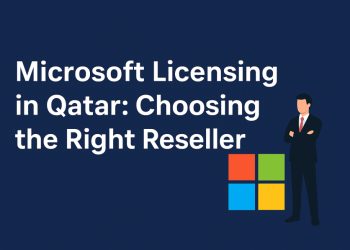 A feature image with the text 'Microsoft Licensing in Qatar' and the Microsoft logo, illustrating the process of choosing a certified Microsoft reseller.