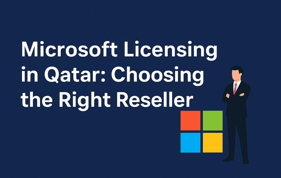A feature image with the text 'Microsoft Licensing in Qatar' and the Microsoft logo, illustrating the process of choosing a certified Microsoft reseller.