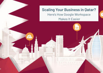 Abstract graphic showing the Doha skyline with a Qatari flag color scheme. It features Google Workspace tool icons and the title, "Scaling Your Business in Qatar? Here’s How Google Workspace Makes It Easier."